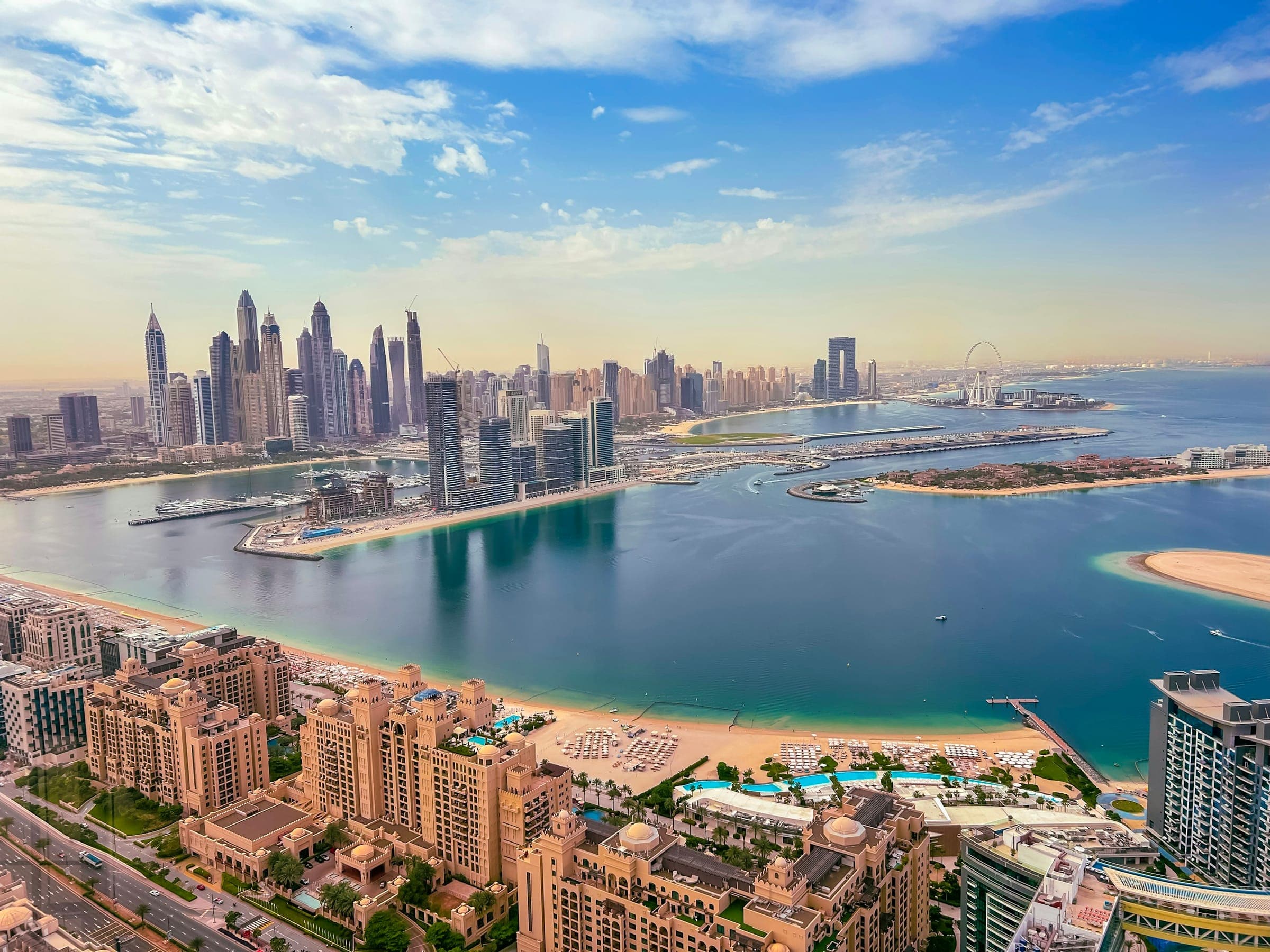 Aerial view of Dubai Marina, towers and yachts along the quay